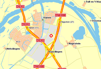 Kaart van Vianen en omgeving met de locatie bij de A2 en A27